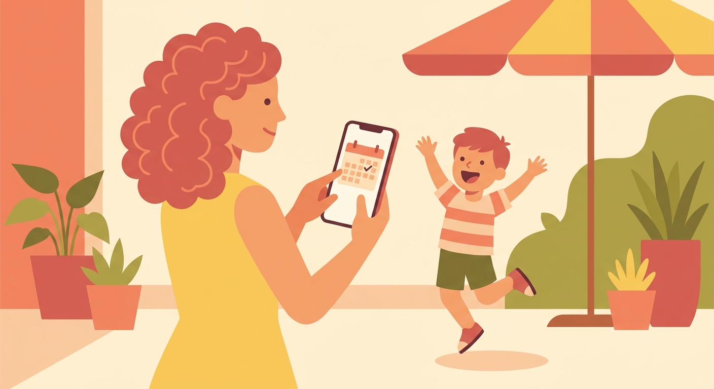 スマートフォンで見学予約をする母親のイラスト