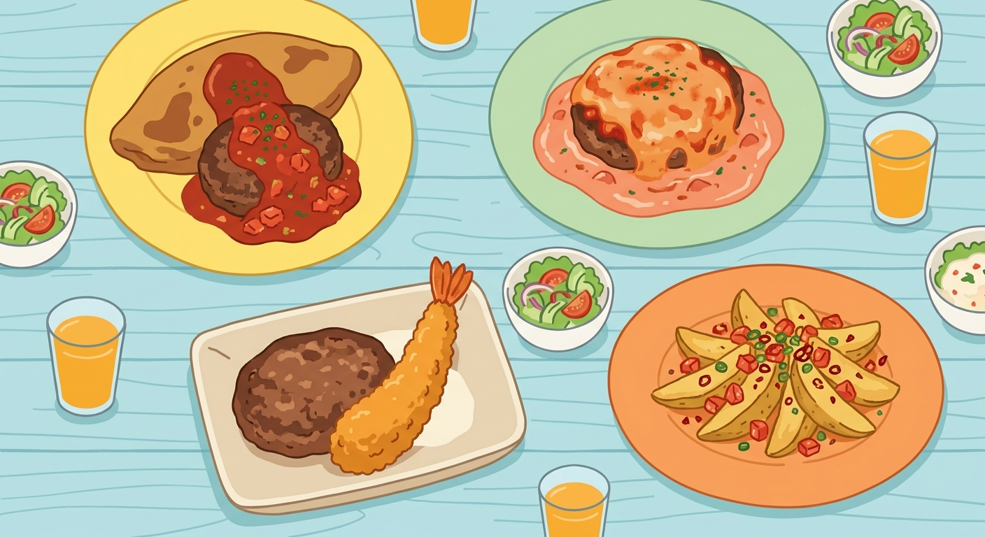 トマトを使った4種類の料理が並ぶイメージイラスト