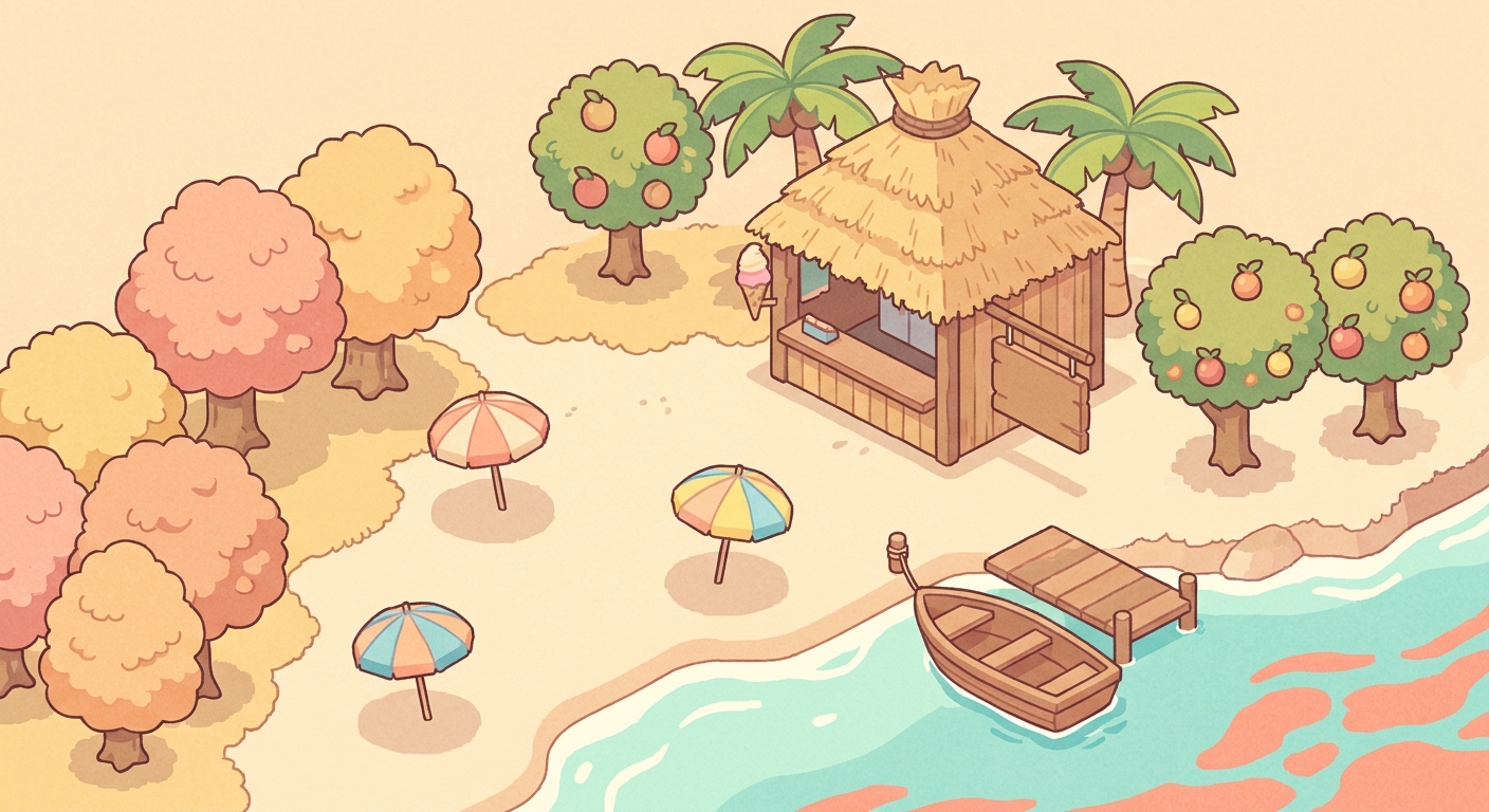 ゲーム風の南の島とお店のイメージイラスト