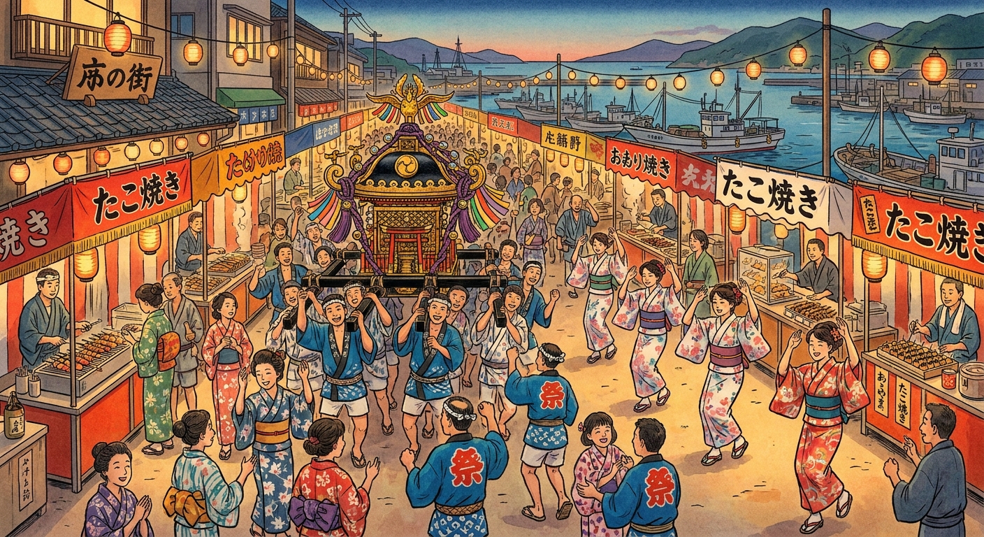 夏祭りでみこしを担ぐ人々と賑わう露店のイメージ
