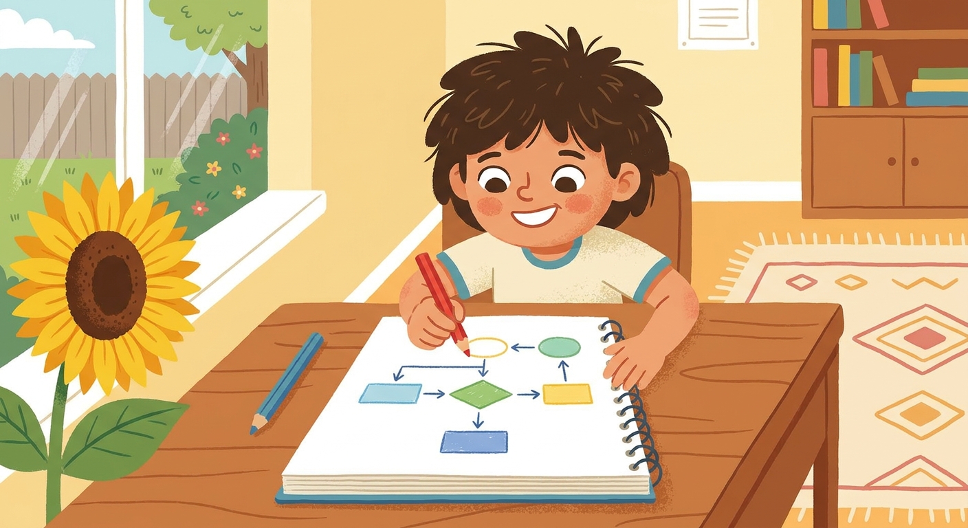 自由研究のノートをまとめる小学生のイラスト