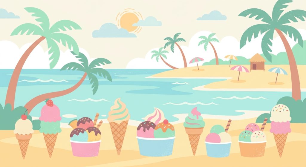 南の島とアイスクリームをイメージした夏らしいイラスト