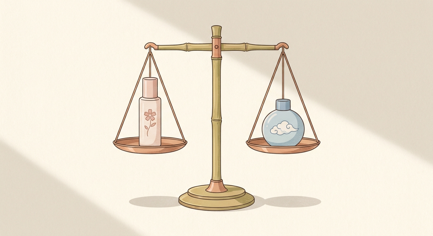 医薬部外品と化粧品の違いの要点をイメージした天秤のイラスト