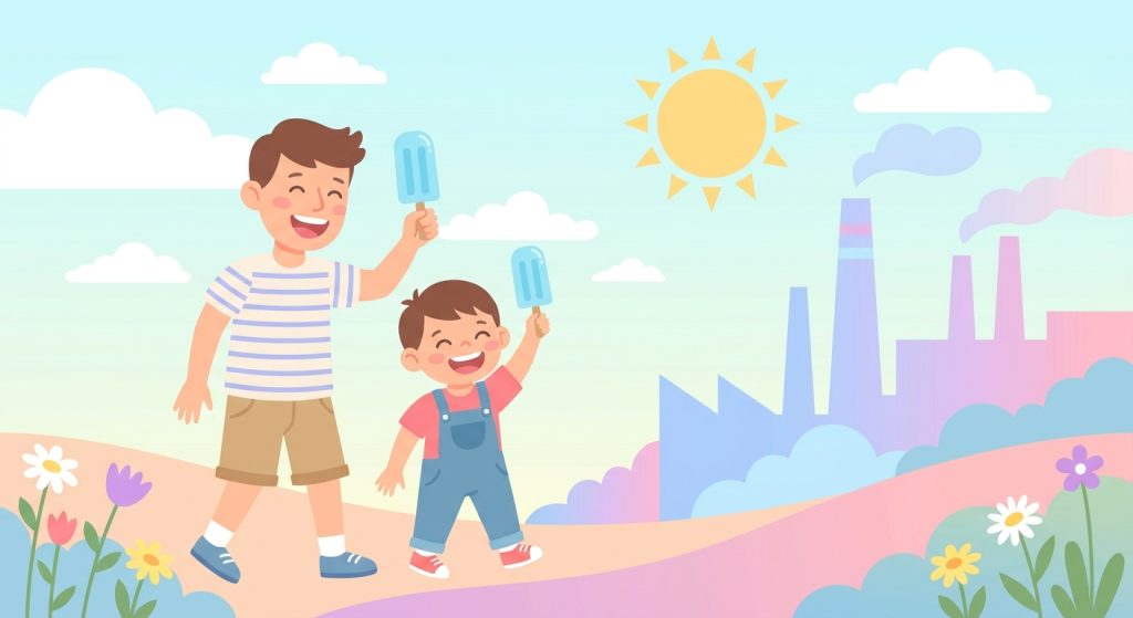 夏空の下でアイスキャンディーを持って笑顔の親子のイラスト