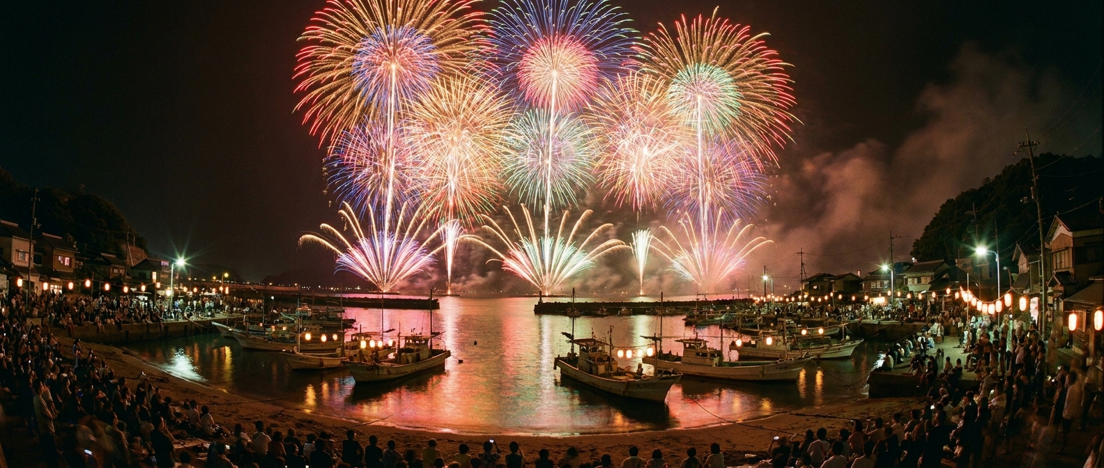 港町の夜空に大輪の花火が上がる夏祭りのイメージ