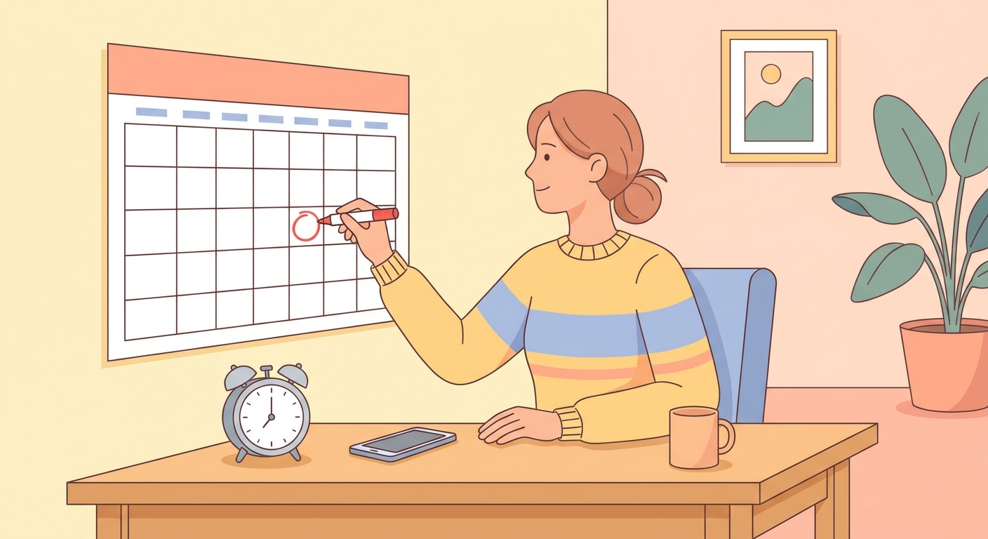 カレンダーと締切をチェックする母親のイラスト