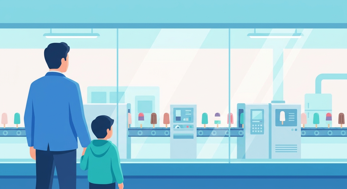 工場の製造ラインを見学する親子のイラスト