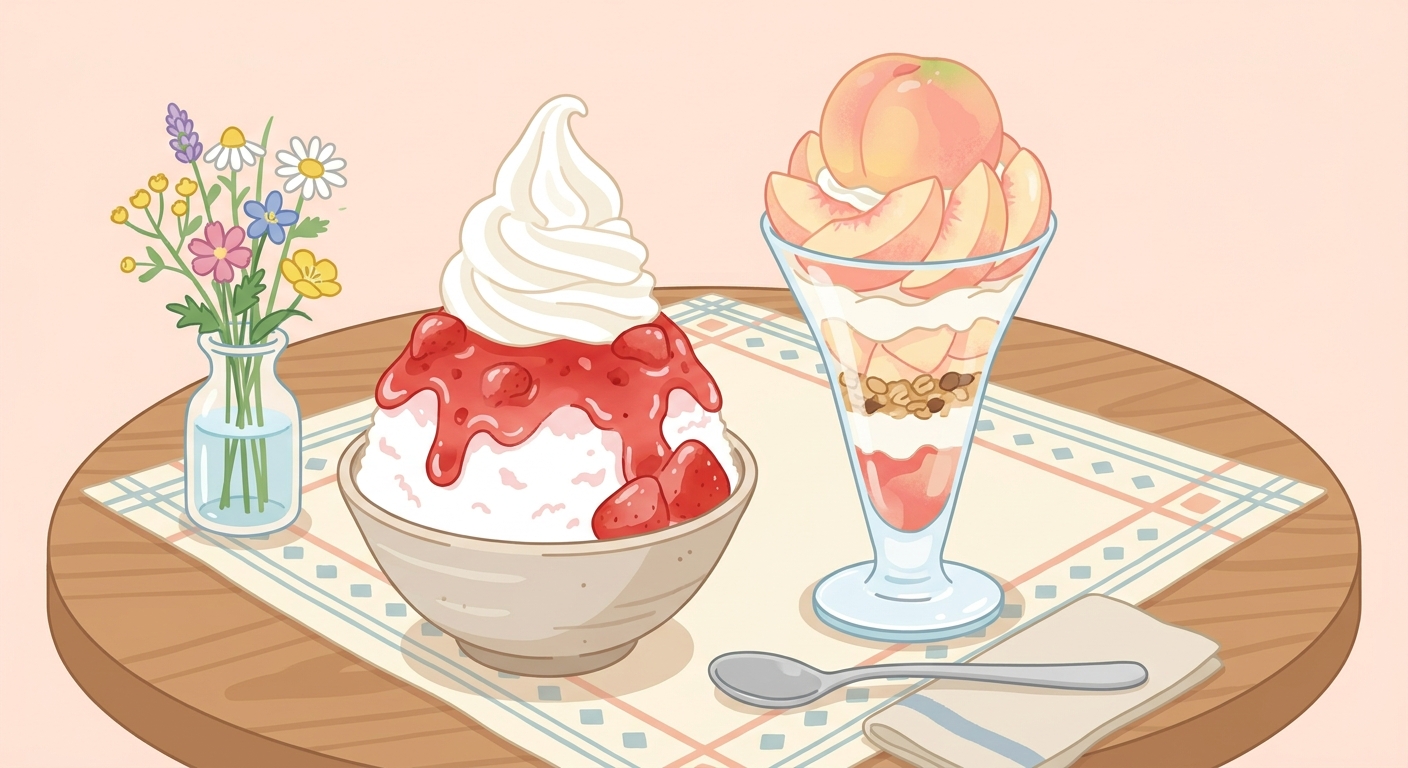 かき氷とピーチパフェの夏デザートイメージイラスト