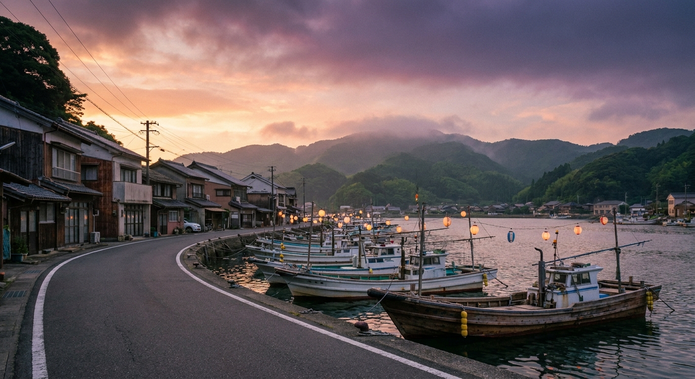 夕暮れの漁港と海岸通りの風景イメージ