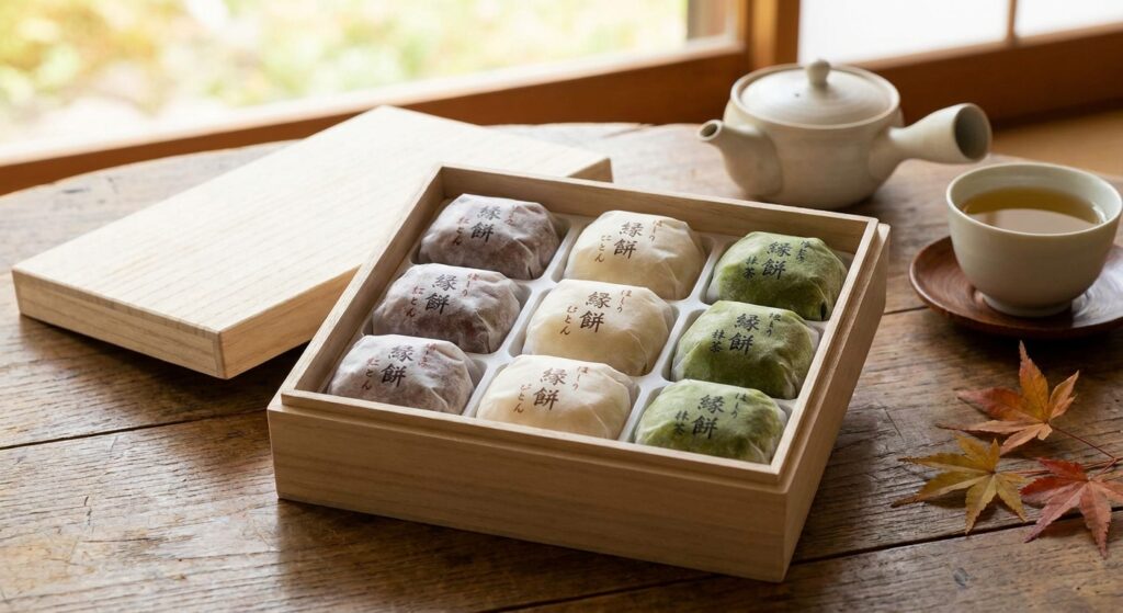 もち吉のえん餅の箱と3種類の餡(小倉餡・白餡・抹茶餡)を並べたイメージ