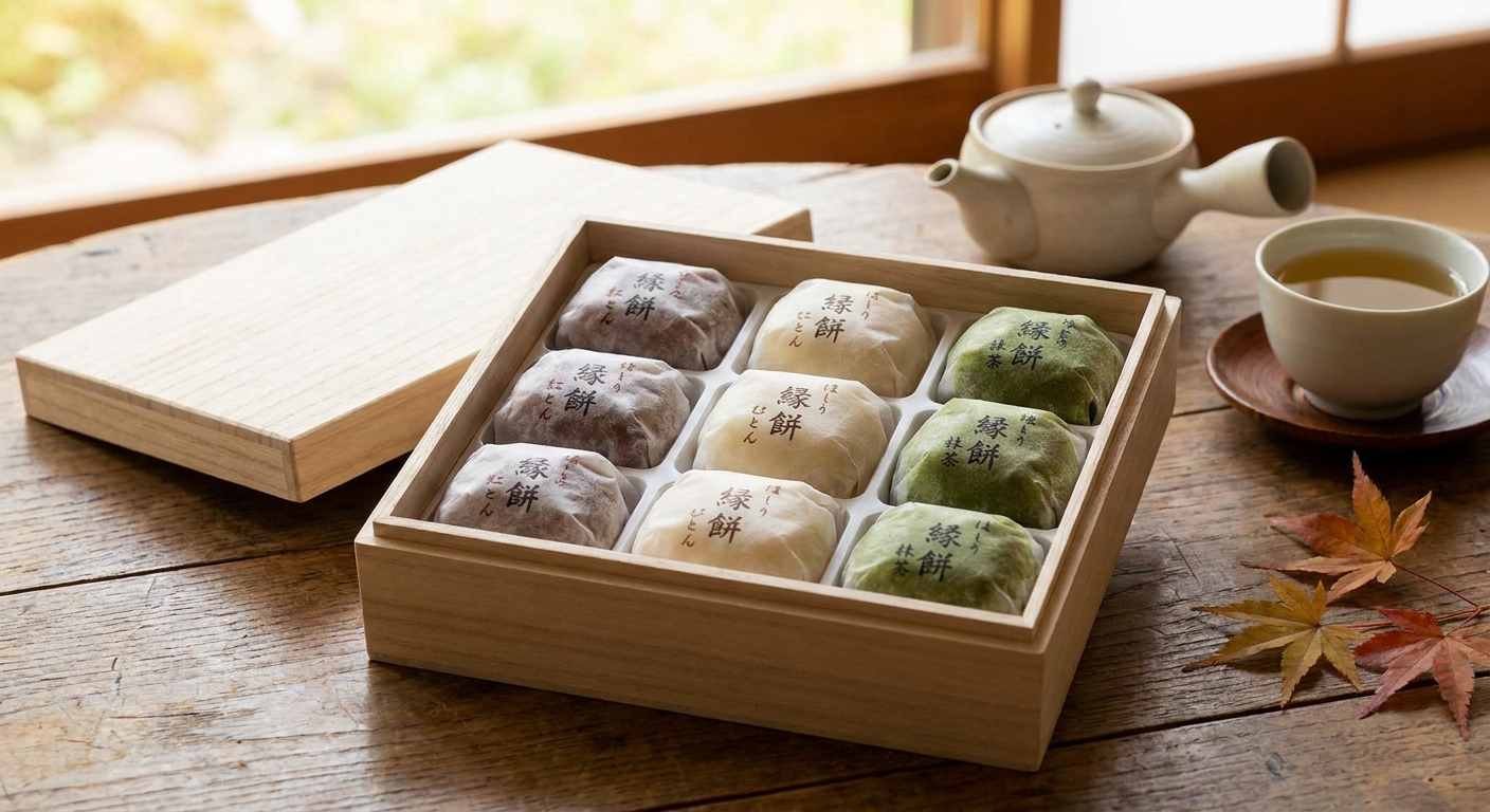 もち吉のえん餅の箱と3種類の餡(小倉餡・白餡・抹茶餡)を並べたイメージ