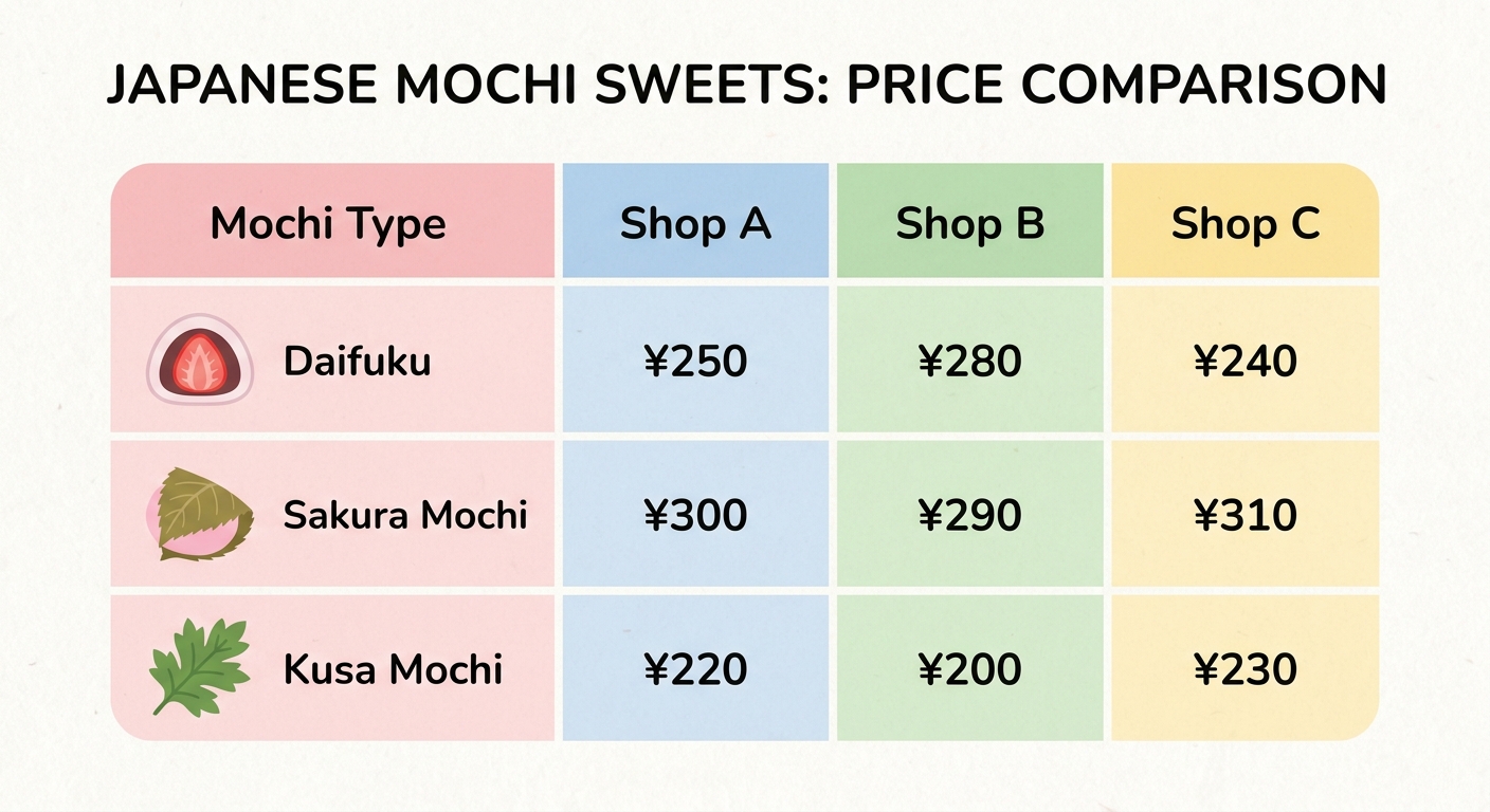 もち吉えん餅の価格一覧を示す表のイメージ