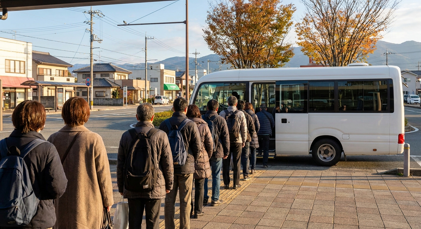 日本の地方都市でシャトルバスに乗り込む人々のイメージ
