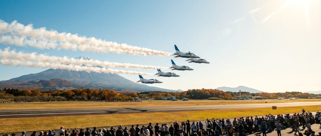 秋の青空をアクロバット飛行チームが編隊で飛ぶイメージ