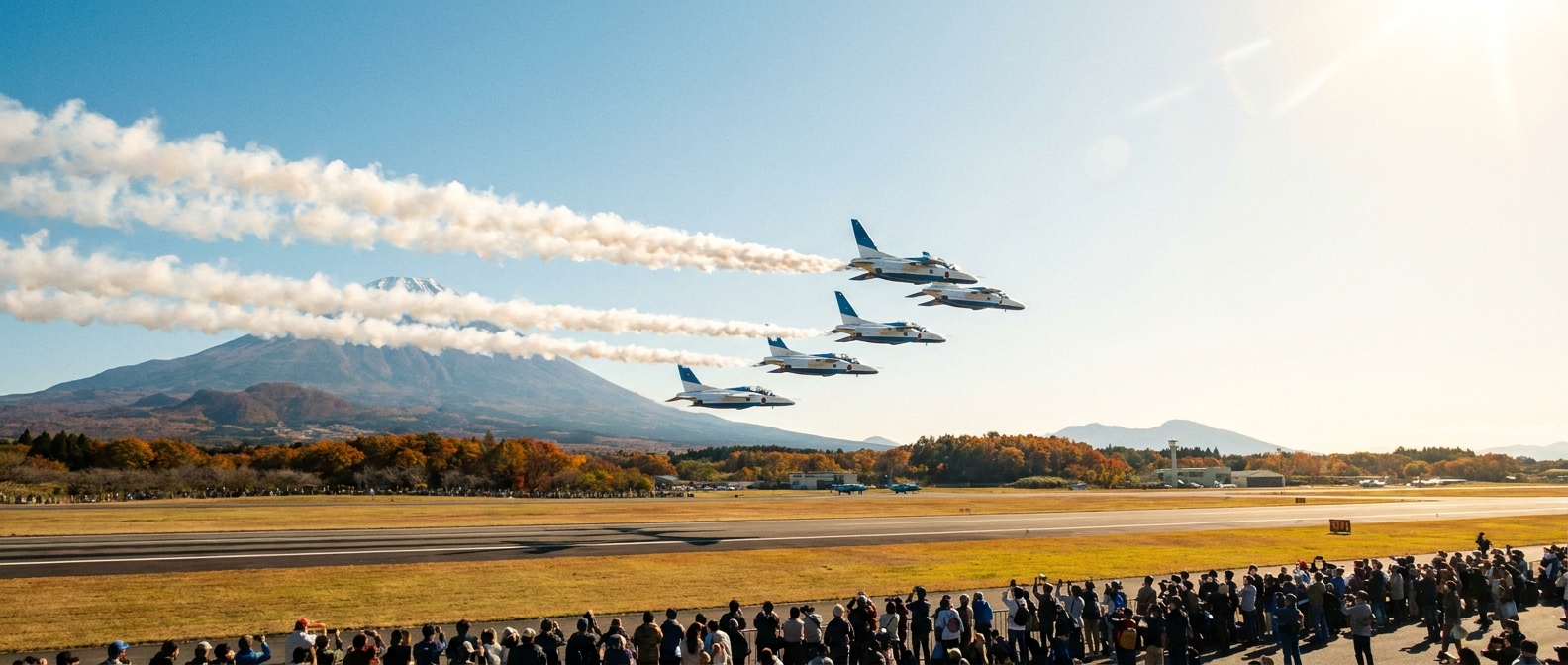 秋の青空をアクロバット飛行チームが編隊で飛ぶイメージ