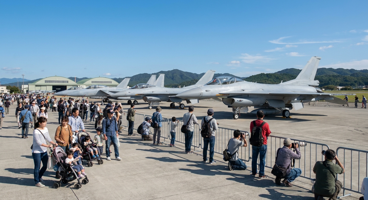 日本の基地の駐機場に並ぶ戦闘機を見学する人々のイメージ