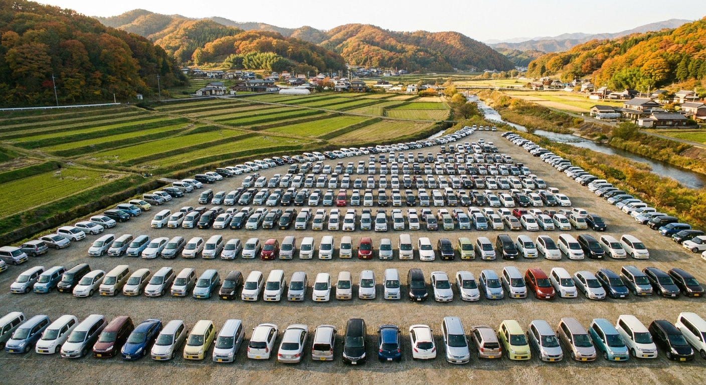 日本の郊外にある広い臨時駐車場に車が整然と並ぶイメージ