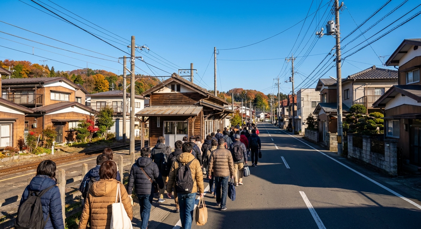 地方の駅前を歩く多くの人のイメージ