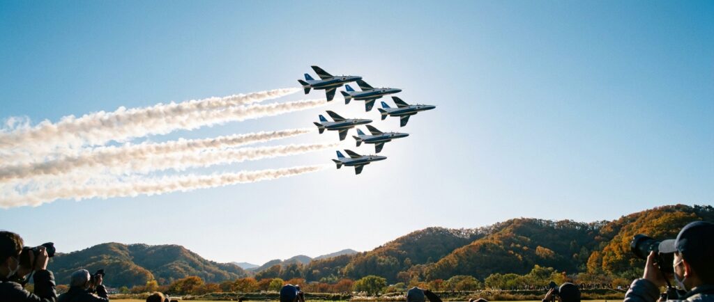 秋空を編隊で飛ぶアクロバット飛行チームのイメージ