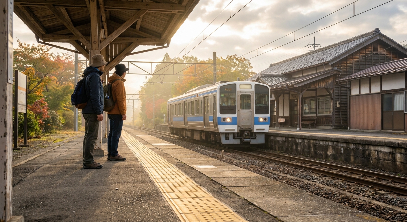 朝の駅のホームで列車を待つ旅行者のイメージ