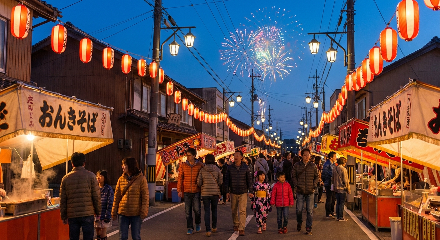 夜空に打ち上がる花火と祭りの提灯のイメージ