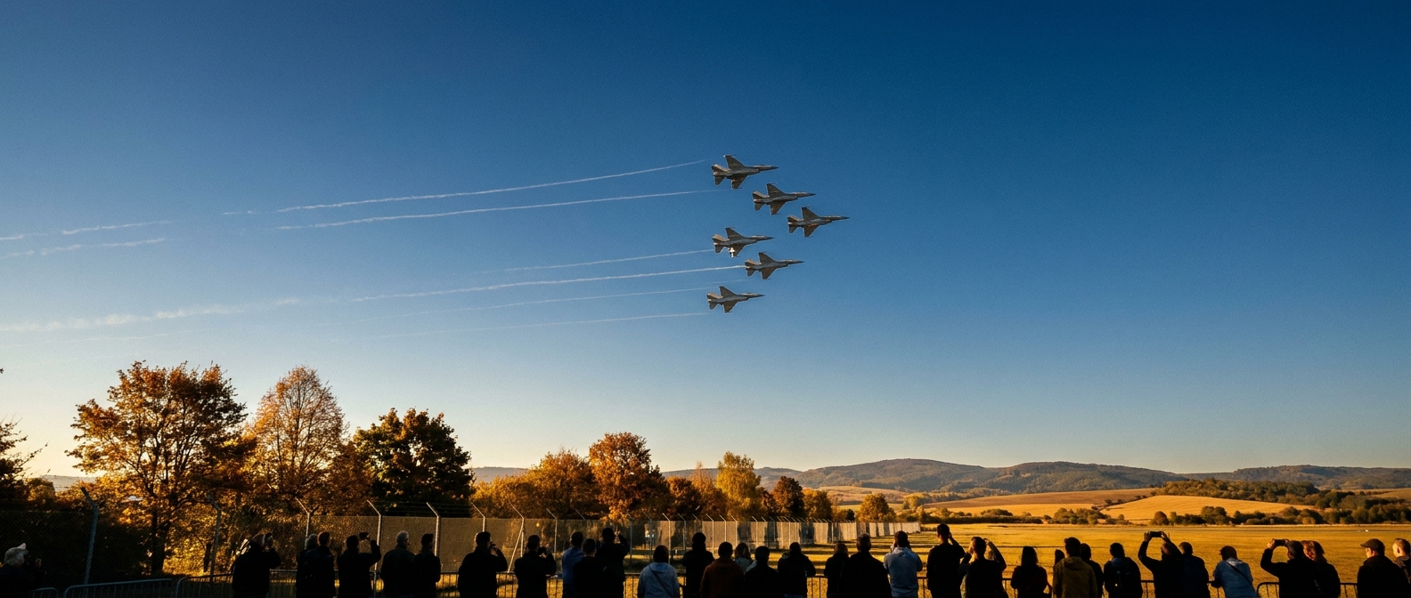 秋晴れの青空に戦闘機が編隊飛行する航空祭のイメージ