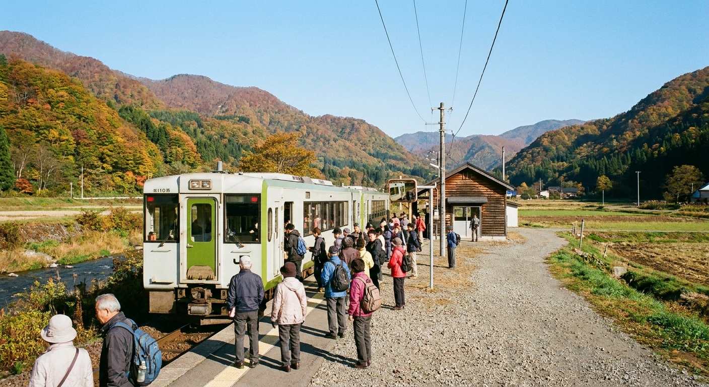地方のローカル駅のホームに停車する列車のイメージ