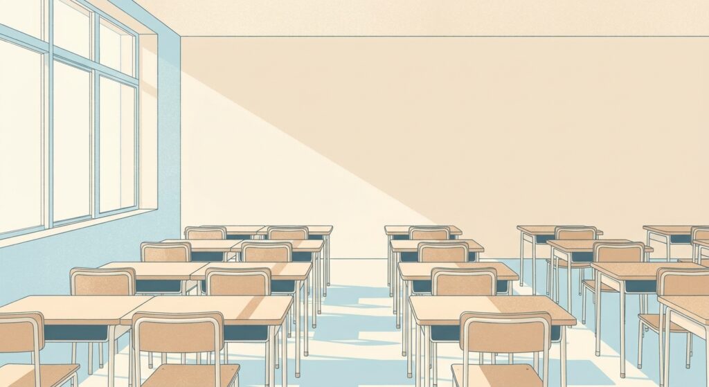 窓際に朝の光が差し込む無人の教室のイメージイラスト