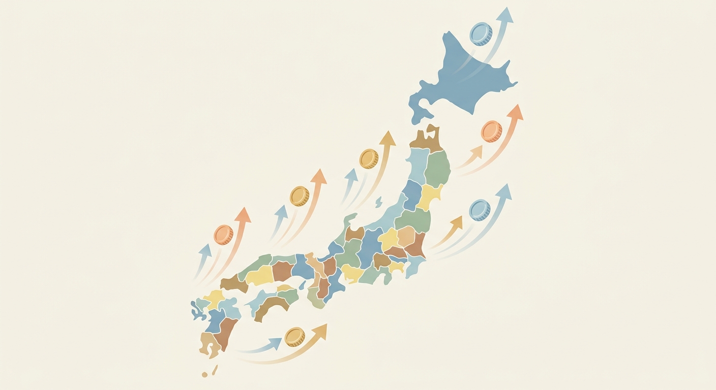 日本地図と時給アップを示す上向きの矢印