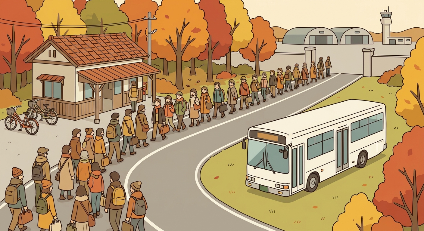 駅から航空祭会場へ歩いて向かう人の列とシャトルバスのイラスト