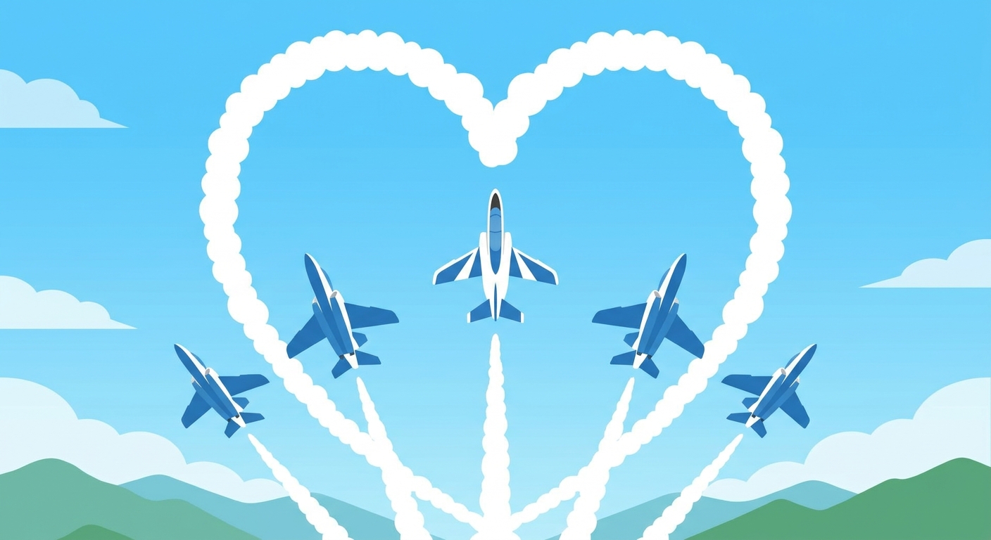 青空に白いスモークで大きなハートを描く6機のジェット機