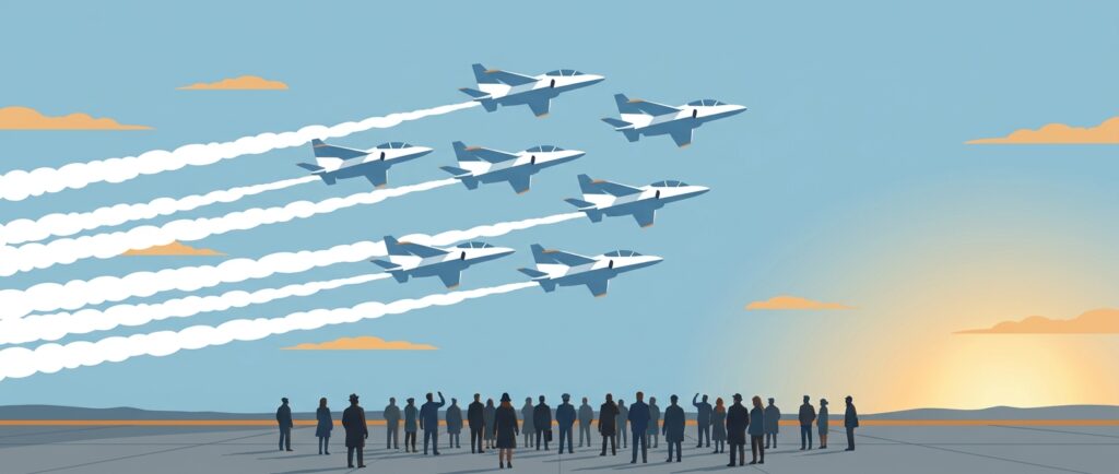 航空祭の青空を編隊飛行するジェット機と、滑走路脇で見上げる観客