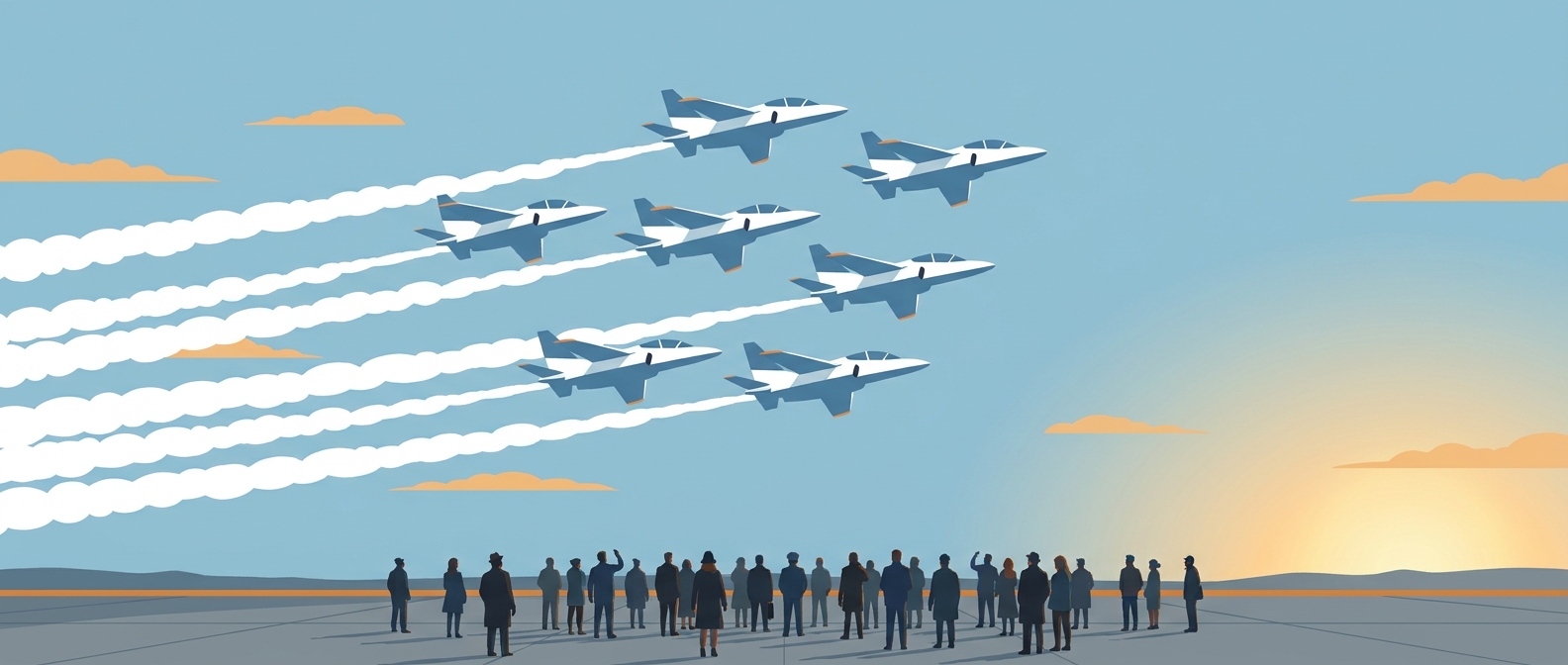 航空祭の青空を編隊飛行するジェット機と、滑走路脇で見上げる観客