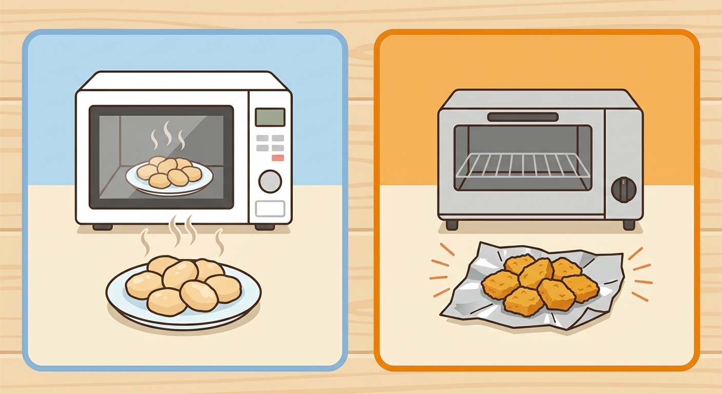 電子レンジとオーブントースターでナゲットを温め比べるイラスト