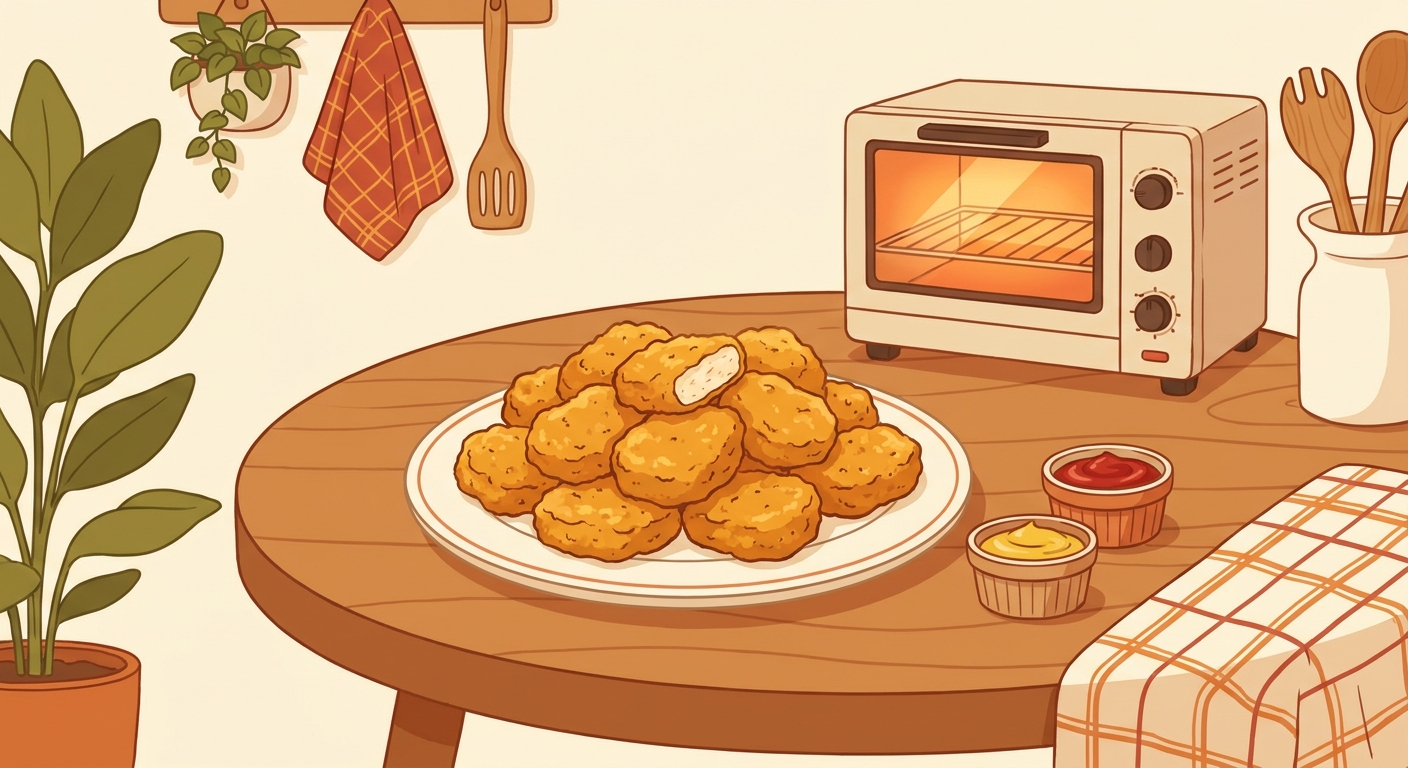 冷凍チキンナゲットをトースターで焼いてお皿に盛りつけたイラスト