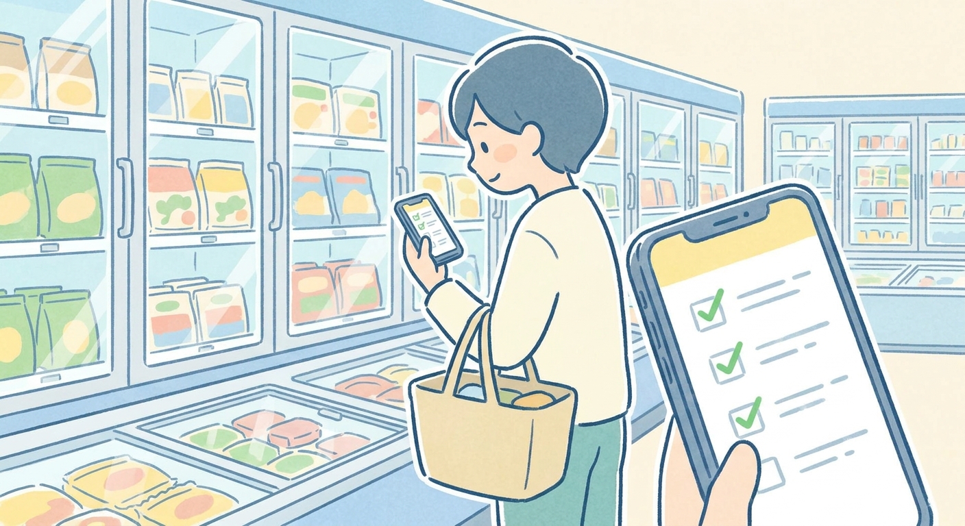 スマホのアプリで近くのお店の取扱状況を確認する人のイラスト