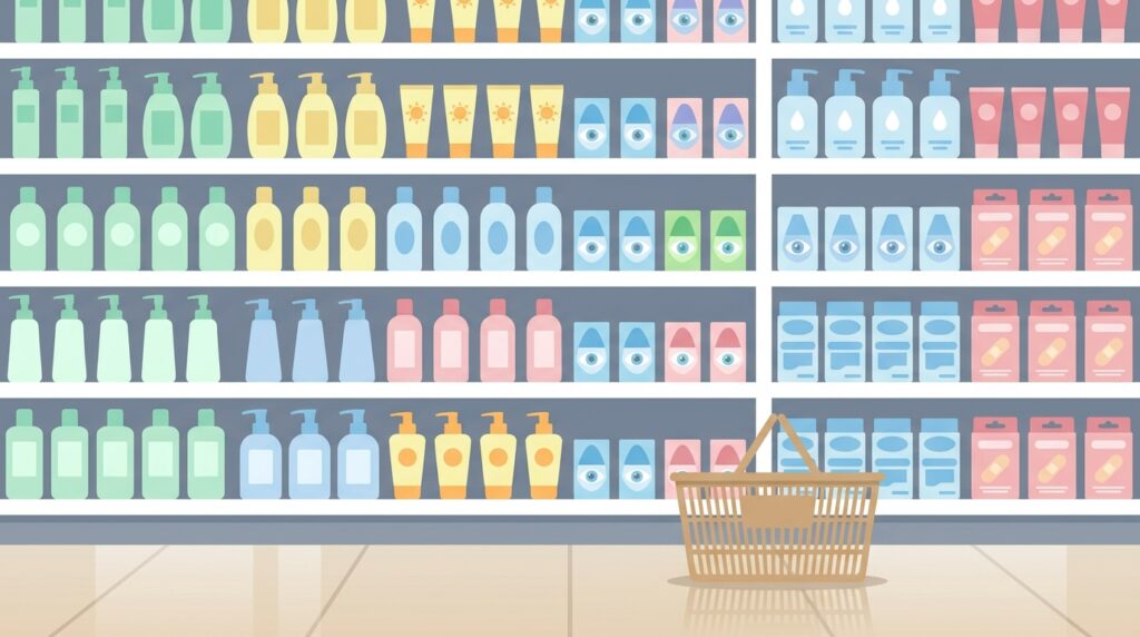 Illustration of a Japanese drugstore aisle with skincare, sunscreen, eye drop and patch shelves