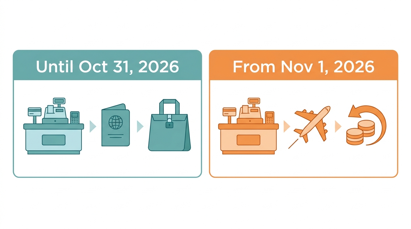 Diagram of Japan's tax-free shopping change: until Oct 31, 2026 tax-free at the store; from Nov 1, 2026 pay tax and get a refund after departure