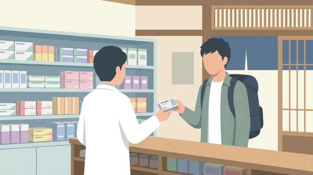 Illustration of a pharmacist at a Japanese drugstore counter handing a medicine box to a traveler