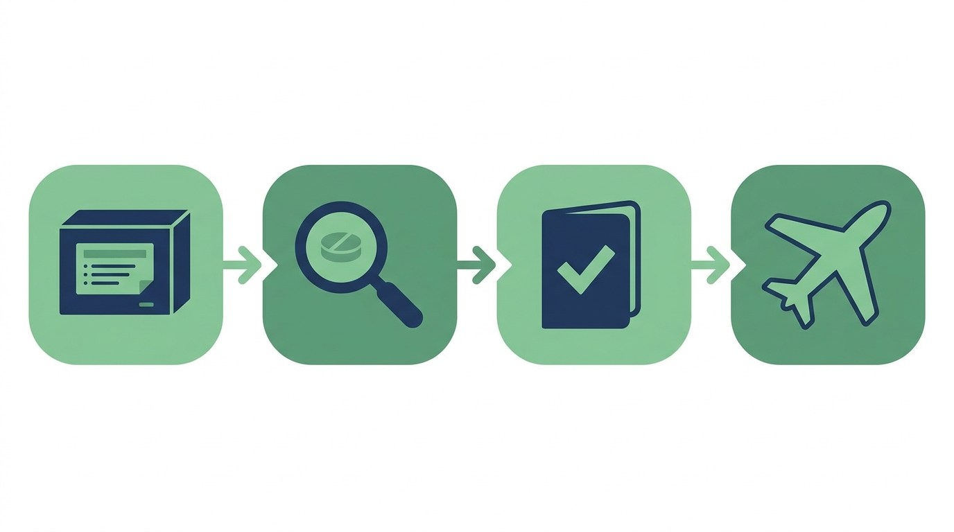 Icons: check the medicine box and ingredients, check your country's rules, then fly home