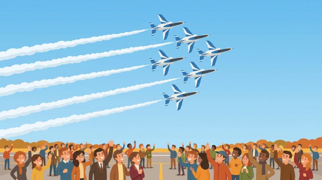 青空を編隊飛行するジェット機のイラスト