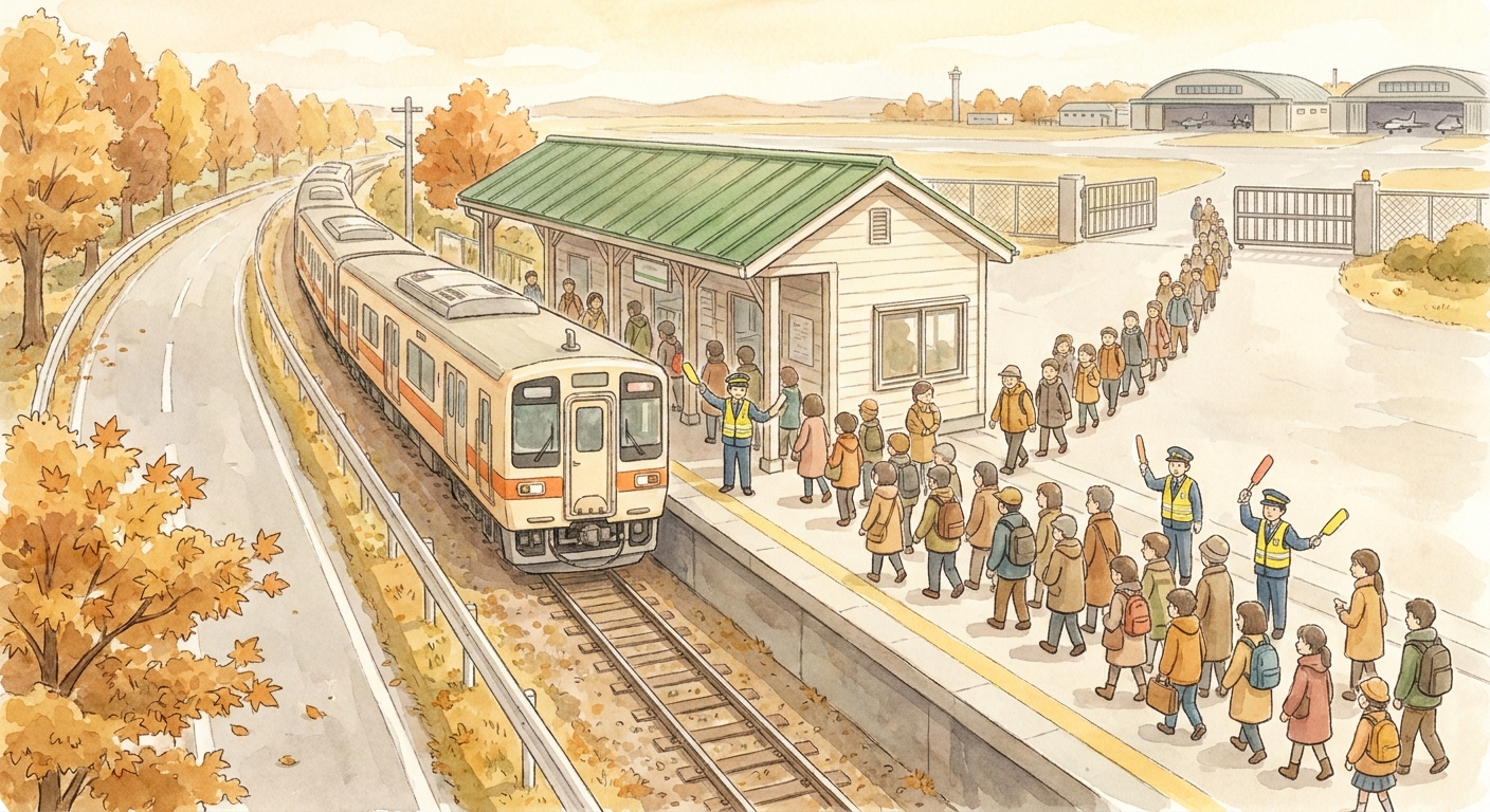 臨時ダイヤの電車と、駅から基地の門へ歩く人の流れを描いたイラスト