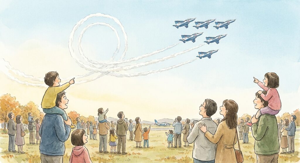 秋晴れの空にスモークを描くブルーインパルスと、芝生から見上げる家族連れのイラスト