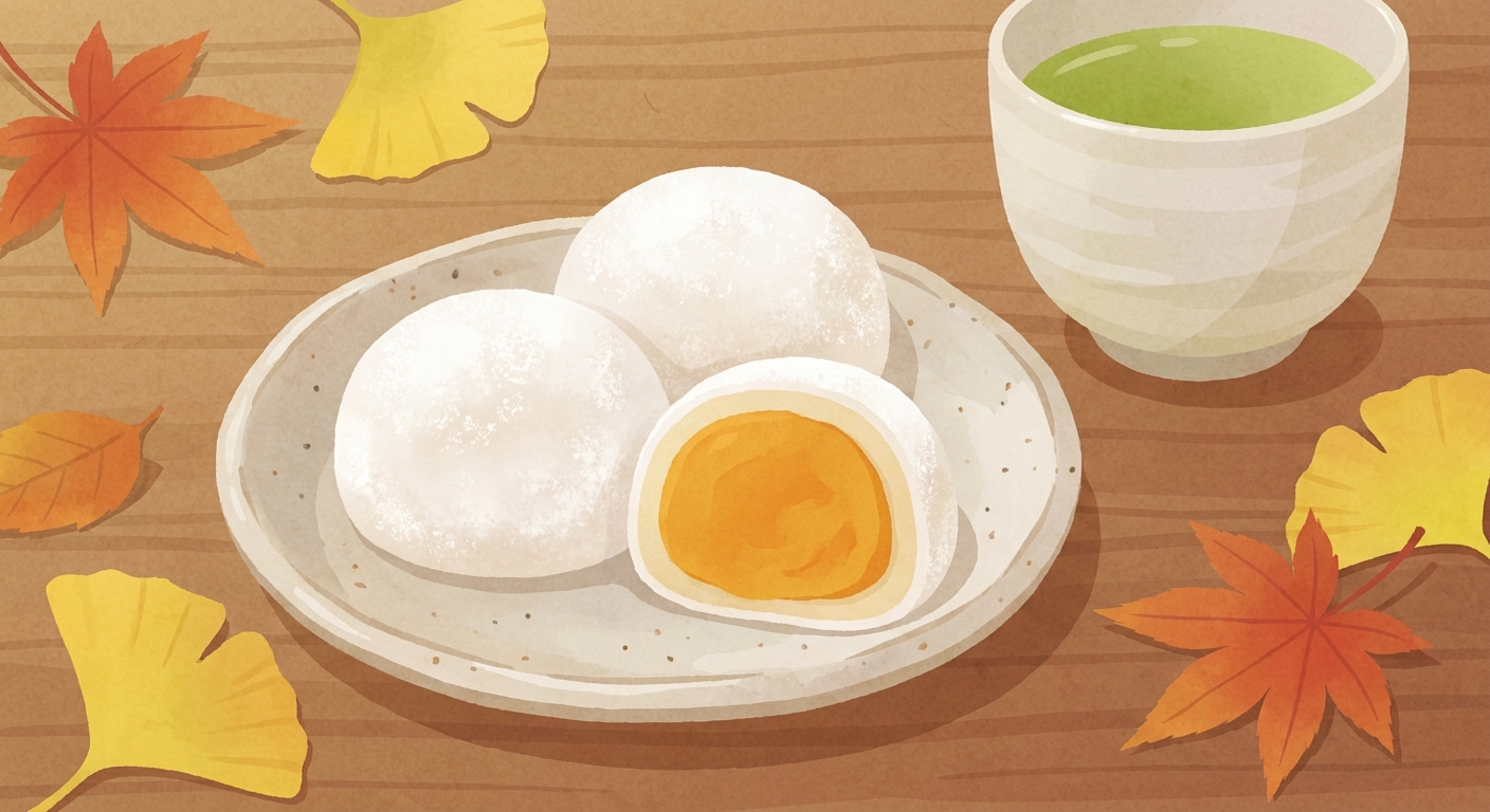 白いお餅の中にオレンジ色の芋餡が入った和菓子のイラスト