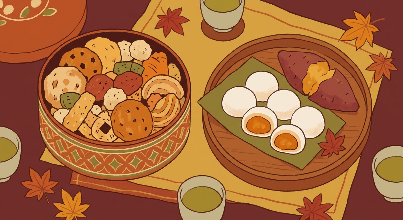 秋の紅葉と一緒に並んだおせんべいと和菓子のイラスト