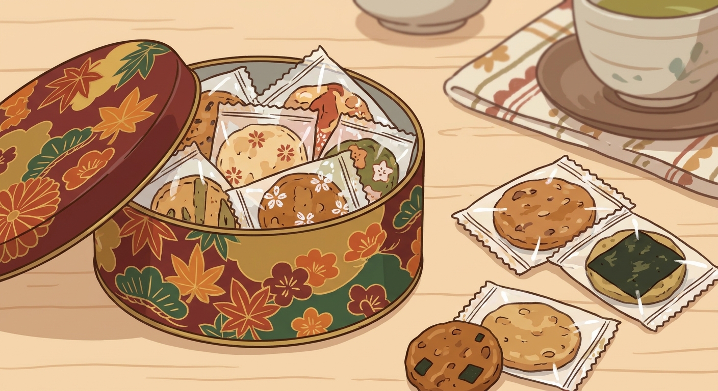 おせんべいがたくさん詰まった丸い缶のイラスト