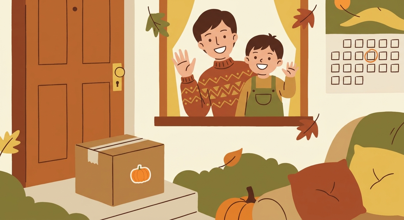 カレンダーの10月31日に丸をつけて、届く荷物を待つ親子のイラスト