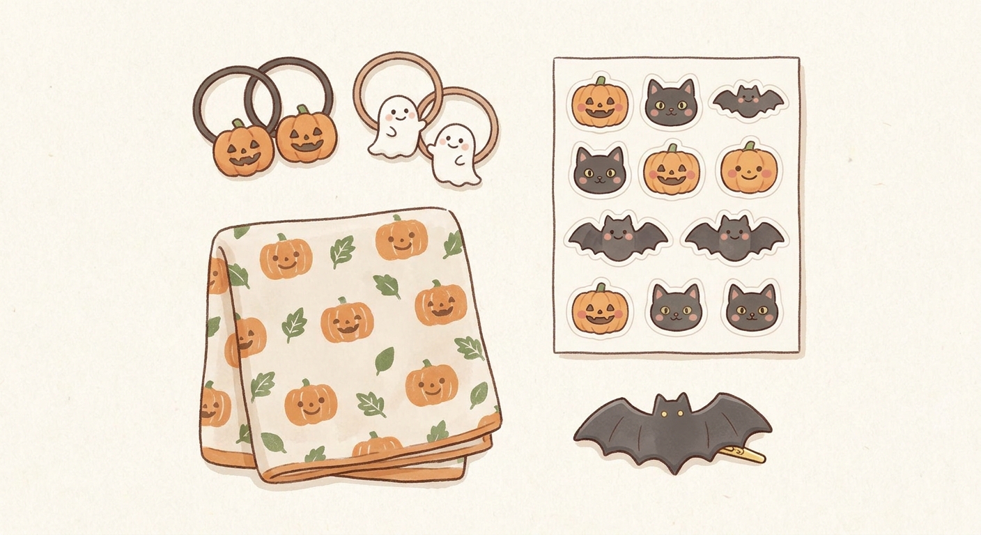 かぼちゃやおばけ柄のヘアゴム・フェイスシール・ハンドタオルなどハロウィン小物のイラスト