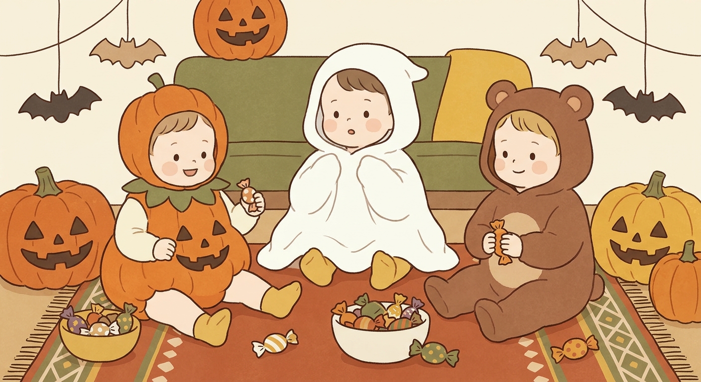 かぼちゃとおばけの仮装をした小さな子どもたちのハロウィンのイラスト