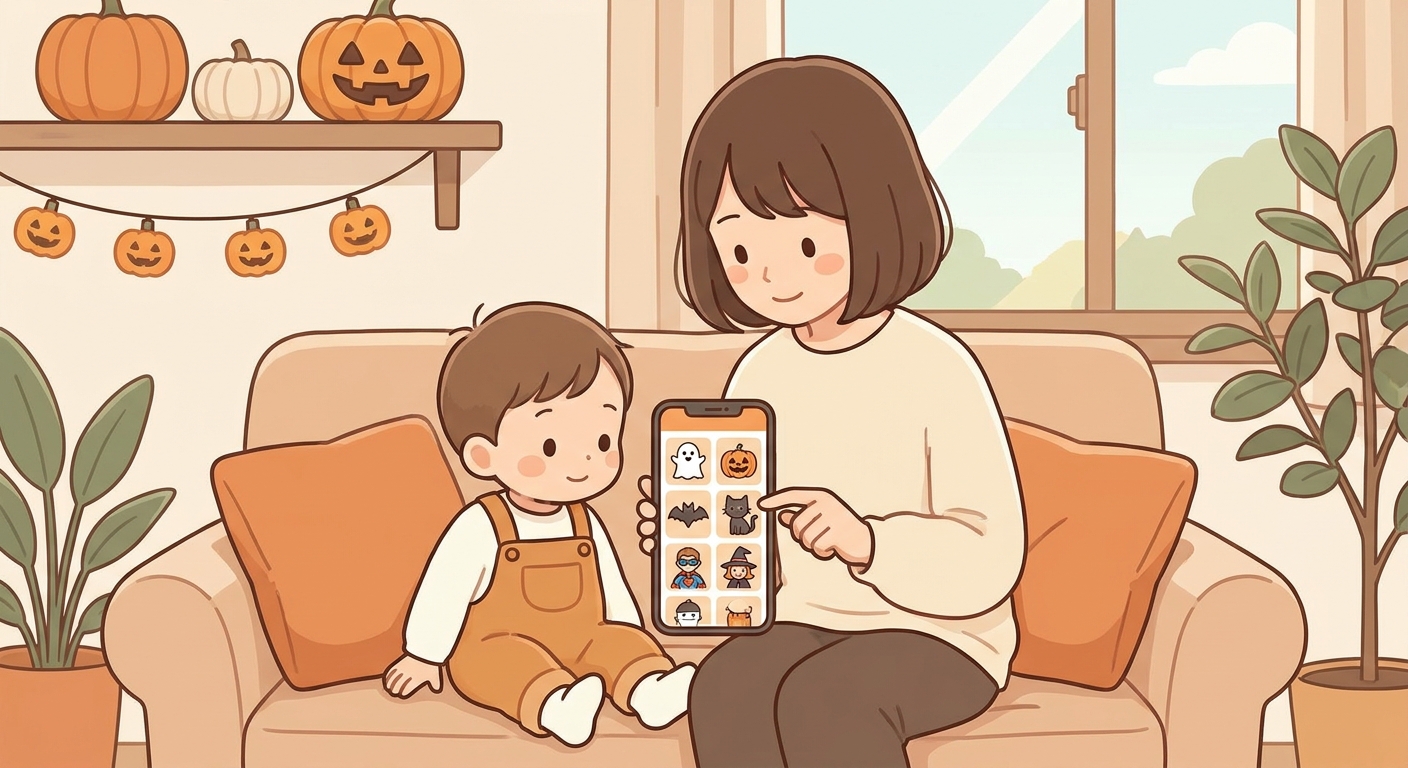 スマホで子ども服の通販サイトを見ながらハロウィン衣装を選ぶ親子のイラスト